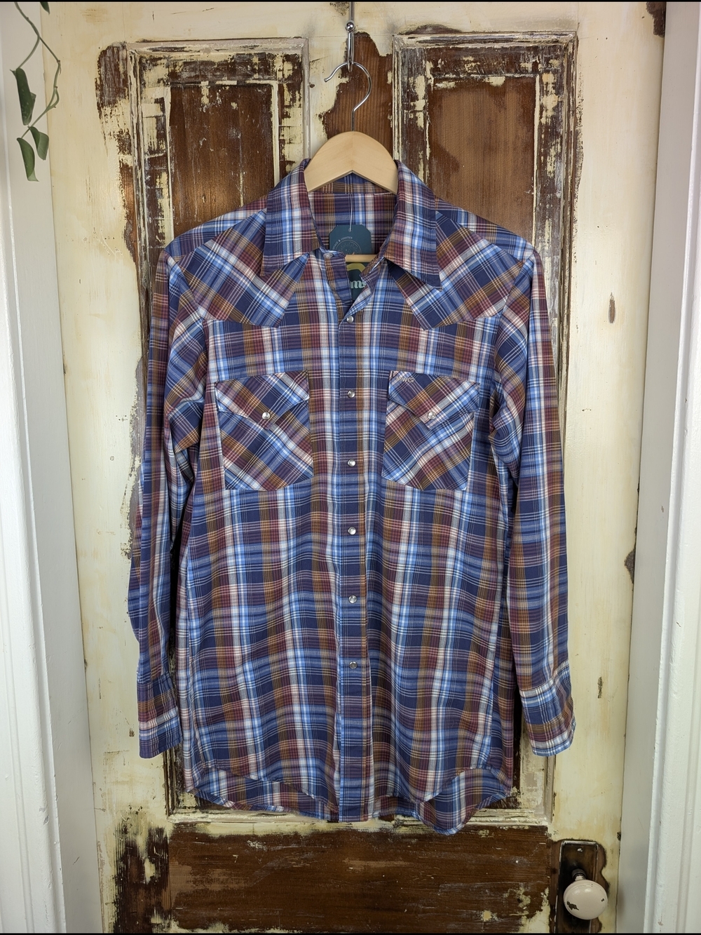 Vintage MWG Plaid Western Pearl Snap Shirt Medium Workwear Cowboy Rodeo